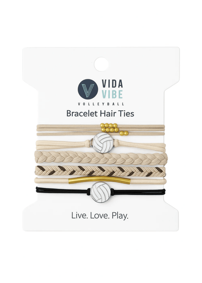 Pack of bracelet hair ties with Vida Vibe branding on a white background